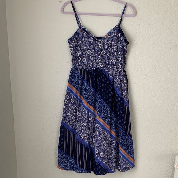 Aerie Blue Orange Spaghetti Strap Fully Linen Midi Sun Dress Size L - Picture 1 of 9